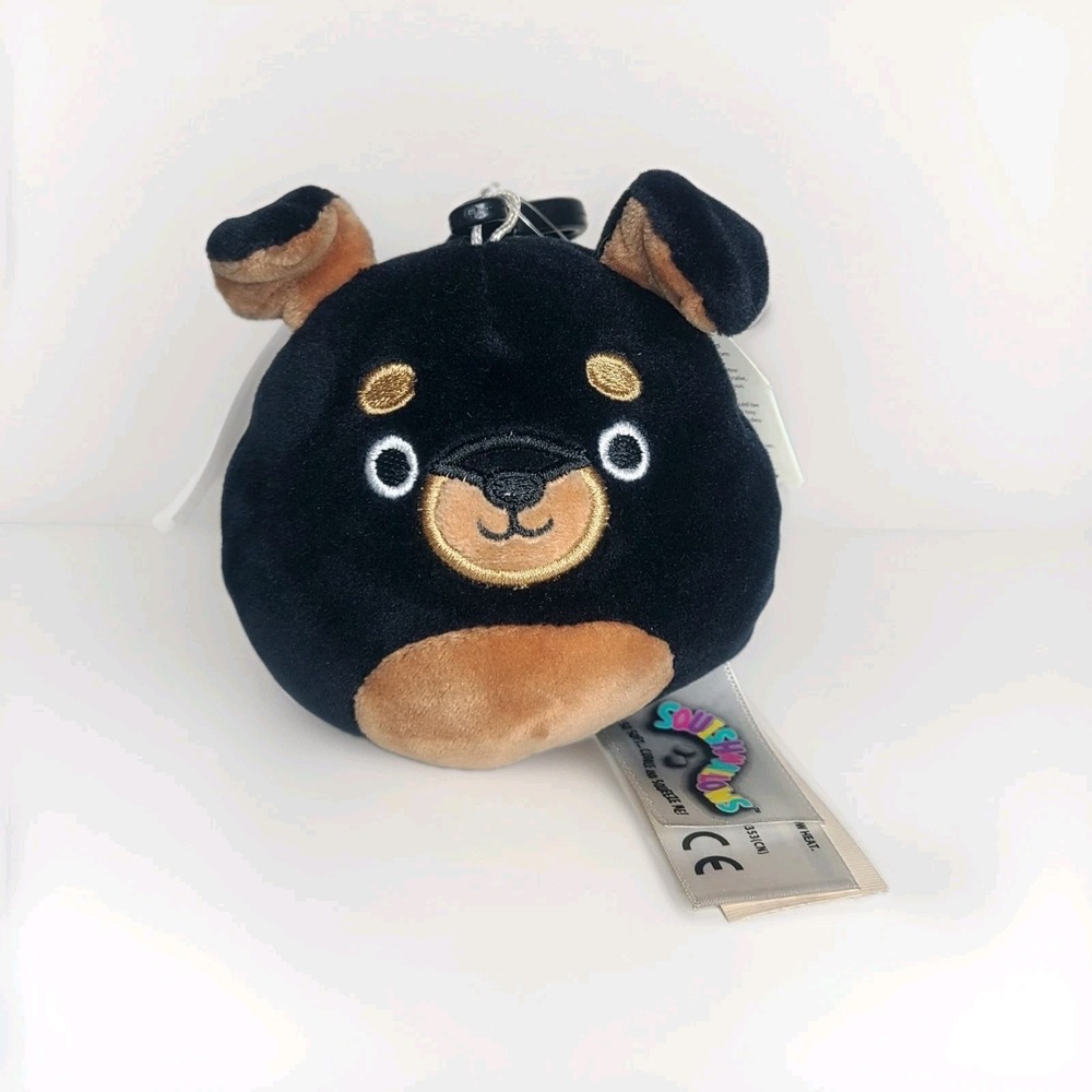 Squishmallow 3.5" Mateo Rottweiler Clip-on Black‎ Tan Dog  Plush Toy Clip